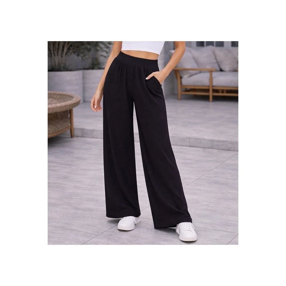Cider Black Ribbed Wide Leg Lounge Pants Womens XL Elastic Waist Flowy Casual